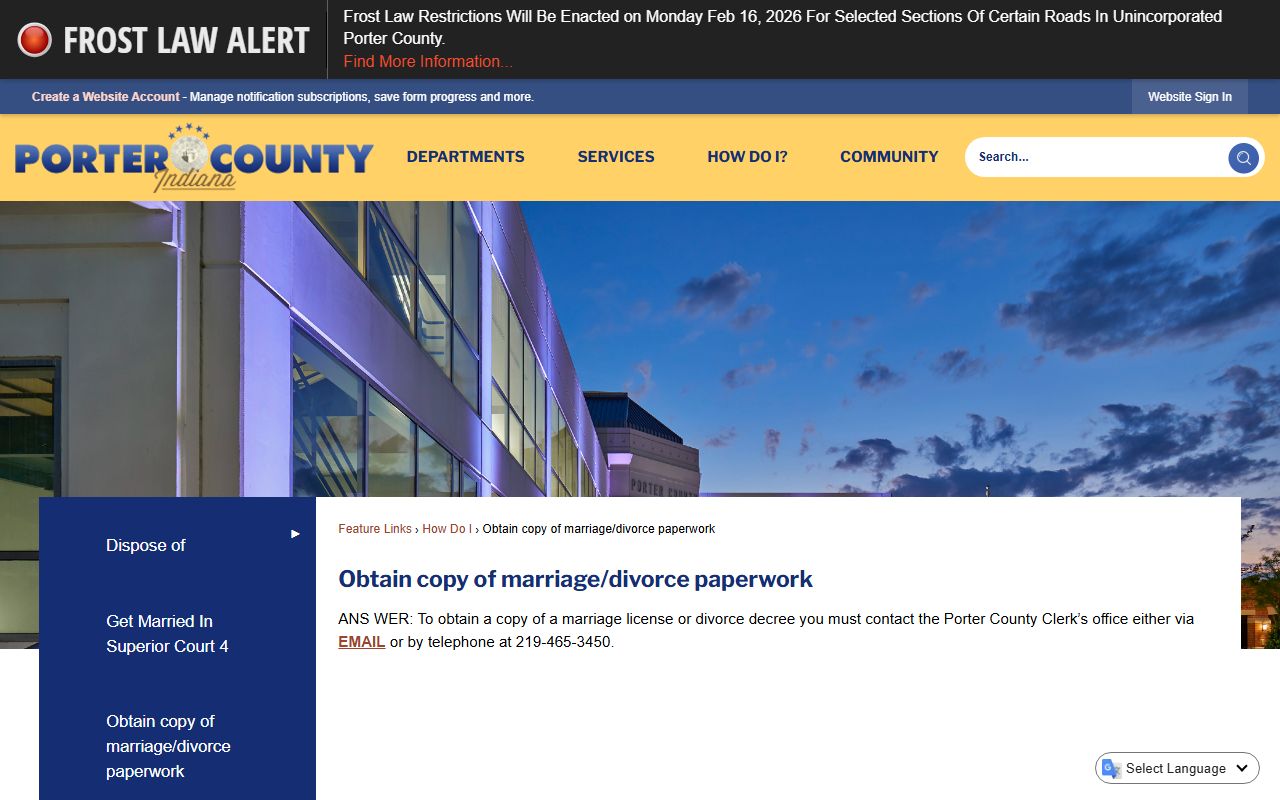 Portage Clerk-Treasurer resource page for divorce decree records in Portage Indiana