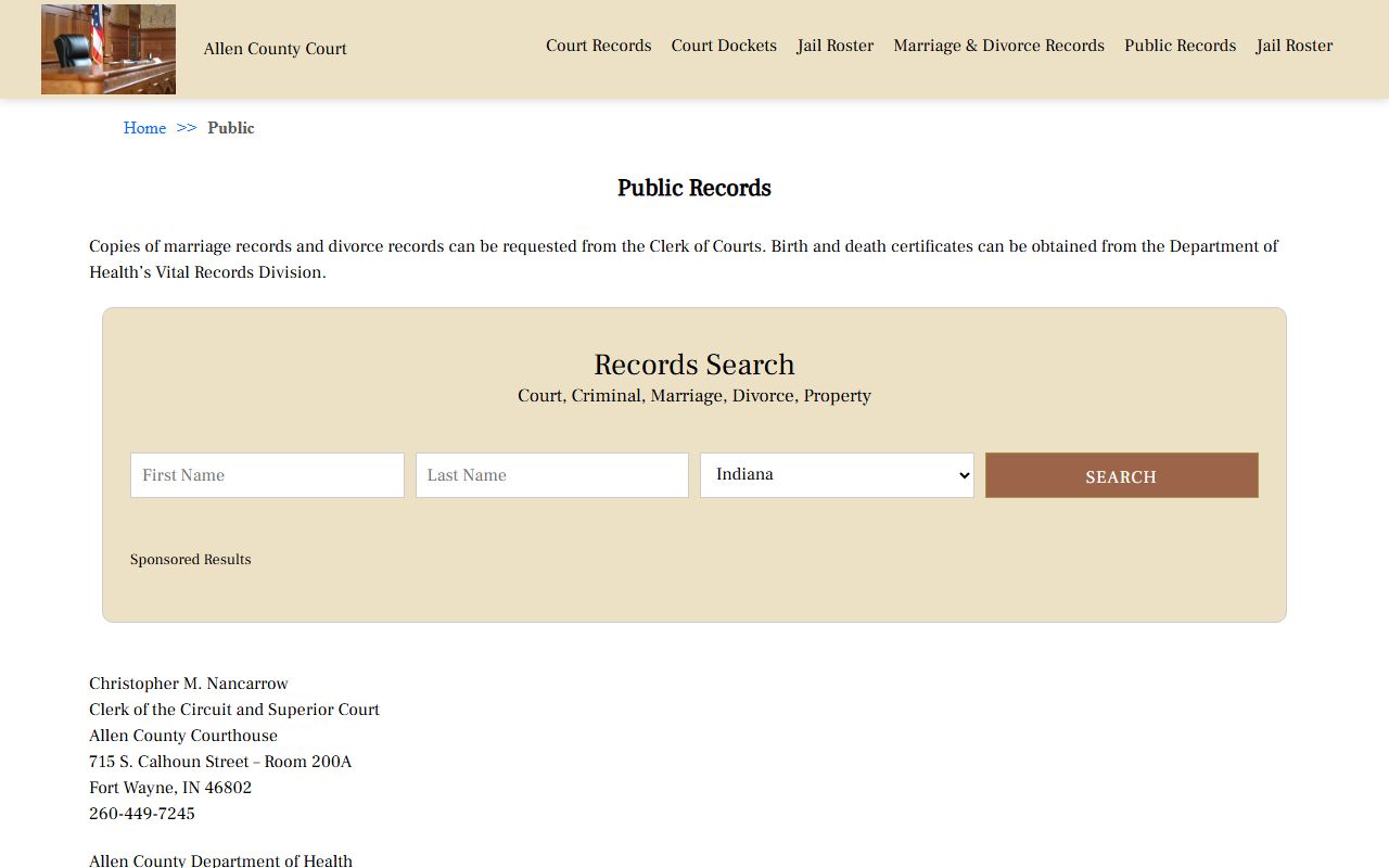 Allen County Clerk's website for divorce decree records in Allen County Indiana