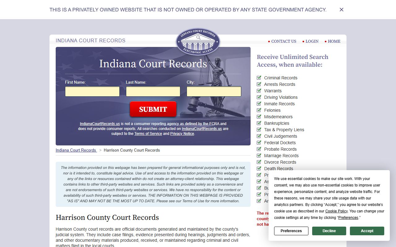Harrison County Clerk resource page for divorce decree records in Harrison County Indiana
