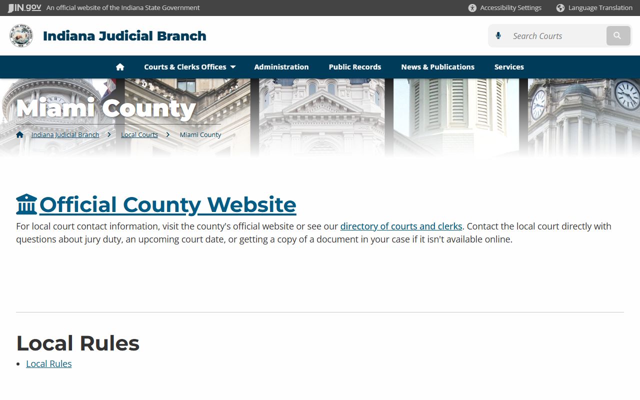 Miami County Indiana Judicial Branch page for divorce decree records and clerk contact