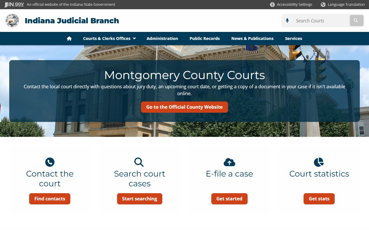 Montgomery County Indiana clerk page for divorce decree records in Crawfordsville