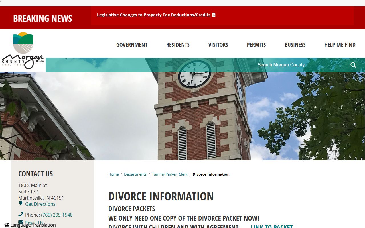 Morgan County Indiana clerk page for divorce decree records and certified copies in Martinsville