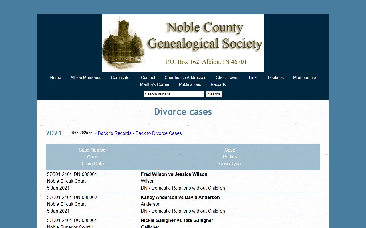 Noble County Indiana clerk page for divorce decree records and certified copies in Albion