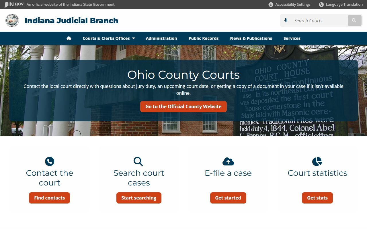 Ohio County Indiana Judicial Branch page for divorce decree records in Rising Sun