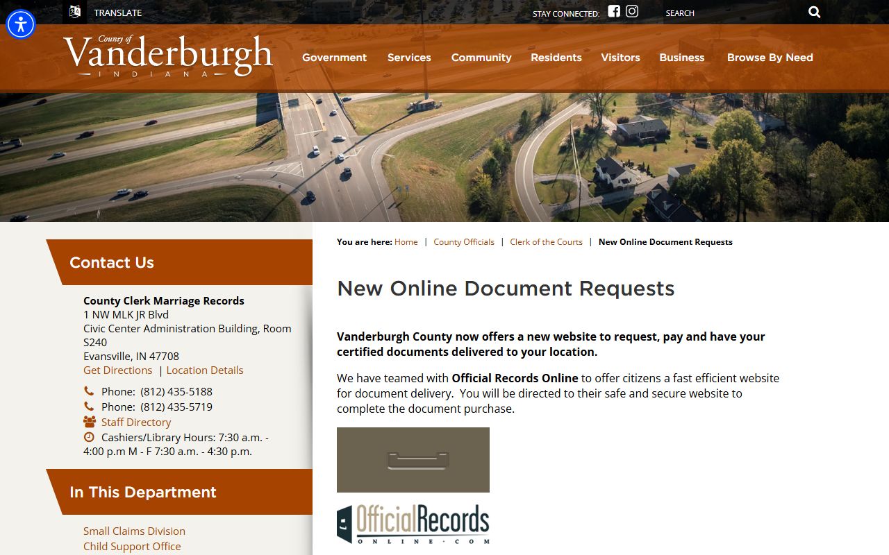 Vanderburgh County Clerk resource page for divorce decree records in Vanderburgh County Indiana
