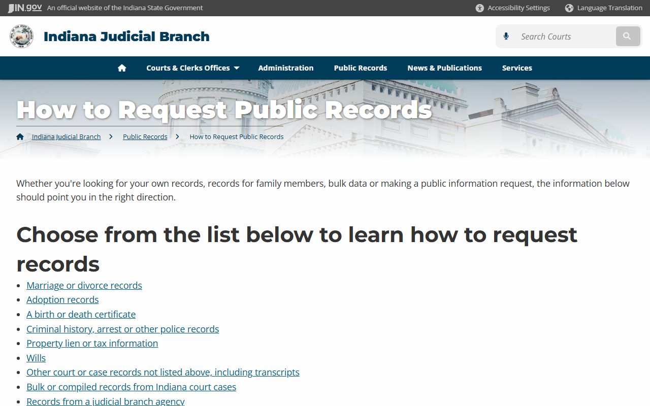Indiana Courts public portal for searching divorce decree records online
